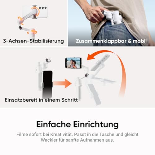 Insta360 Flow 2 Weiß, Gimbal für Smartphones – Zusammenklappbarer KI-Smartphone-Gimbal, KI- & Multi-Personen-Tracking, Stativ/Selfie-Stick integriert, Fernsteuerung, für iPhone/Android, Reise - 5